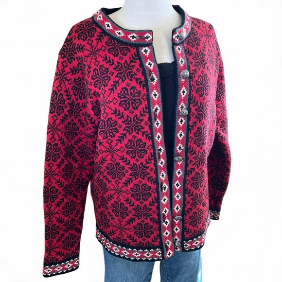 L.L. Bean Red and Black Patterned Merino Wool Cardigan - Picture 2 of 7